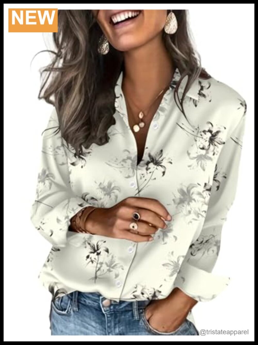 Satin Button Down Shirt Long Sleeve Blouse Women Silk Touch V-Neck Floral